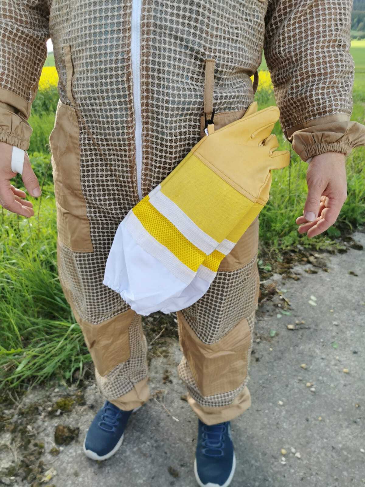 Imkerhandschuhe aus weichem Rindleder – lange Baumwollstulpe mit Karabiner