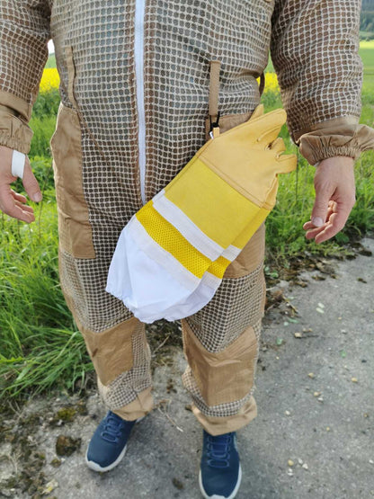 Imkerhandschuhe aus weichem Rindleder – lange Baumwollstulpe mit Karabiner