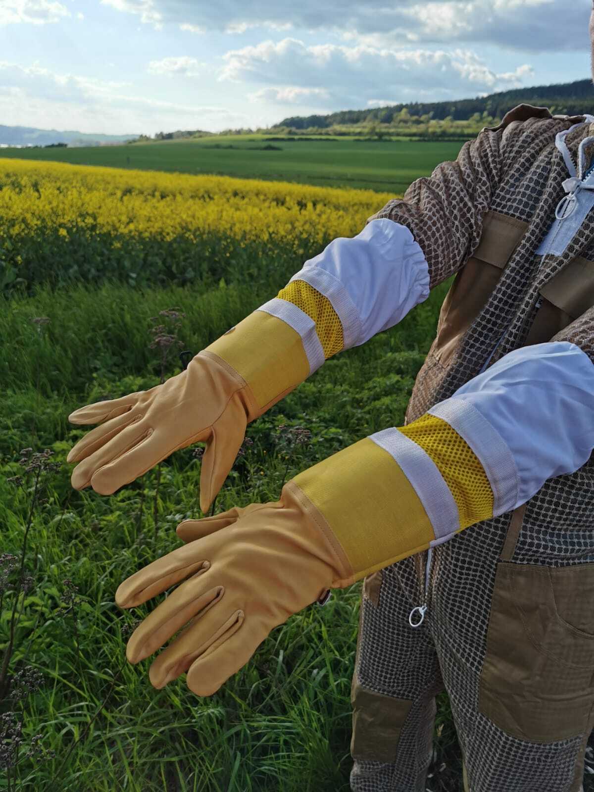 Imkerhandschuhe aus weichem Rindleder – lange Baumwollstulpe mit Karabiner