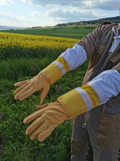 Imkerhandschuhe aus weichem Rindleder – lange Baumwollstulpe mit Karabiner
