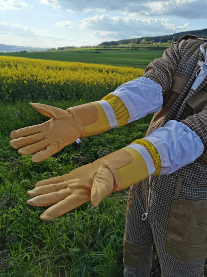 Imkerhandschuhe aus weichem Rindleder – lange Baumwollstulpe mit Karabiner
