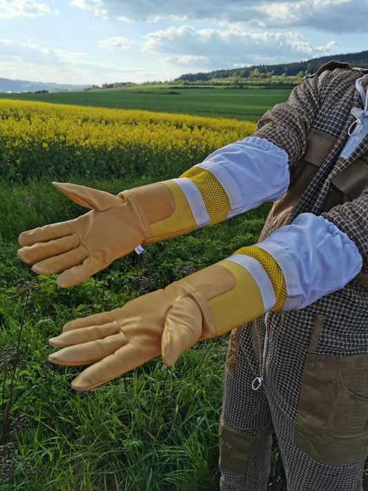 Imkerhandschuhe aus weichem Rindleder – lange Baumwollstulpe mit Karabiner