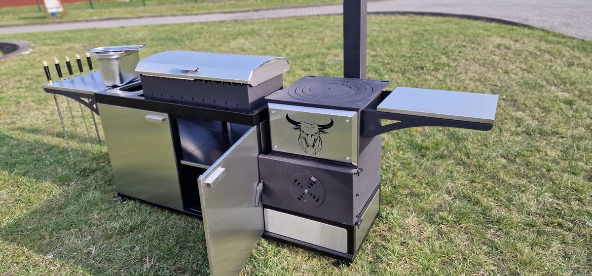 Multifunktionsgrill 3-in-1 mit Mangal & Ofen – 5 mm Stahl, Edelstahl, fahrbar