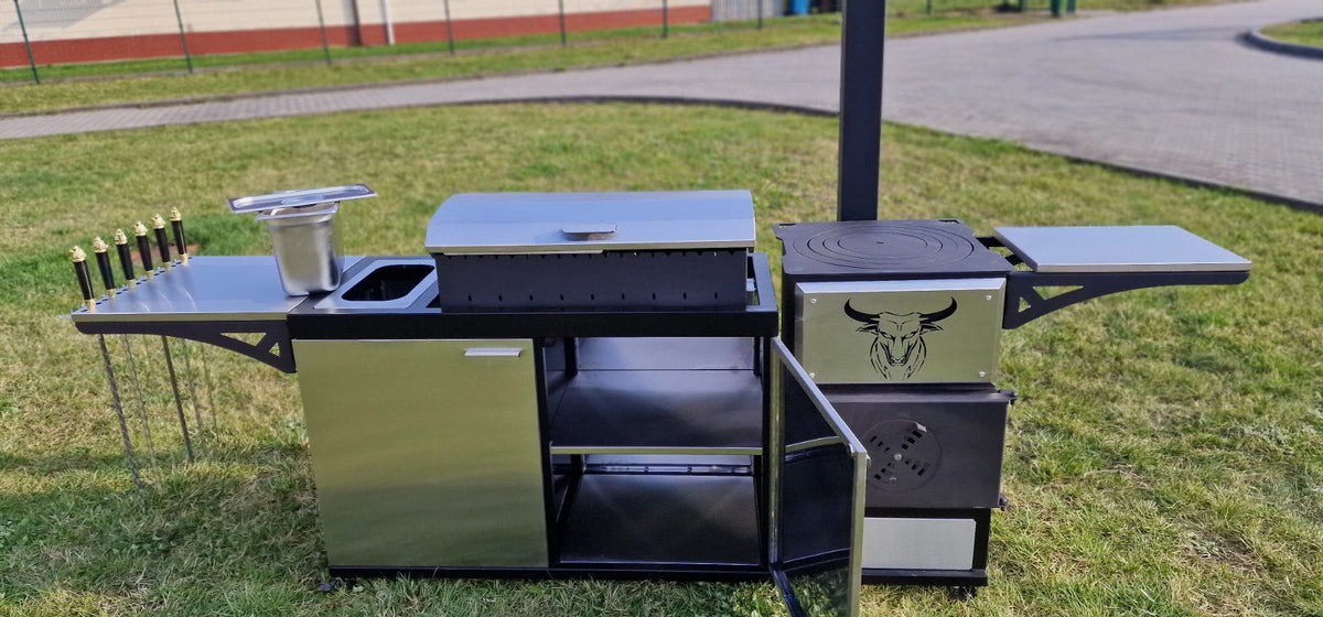 Multifunktionsgrill 3-in-1 mit Mangal & Ofen – 5 mm Stahl, Edelstahl, fahrbar