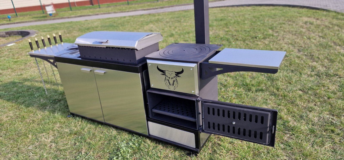 Multifunktionsgrill 3-in-1 mit Mangal & Ofen – 5 mm Stahl, Edelstahl, fahrbar
