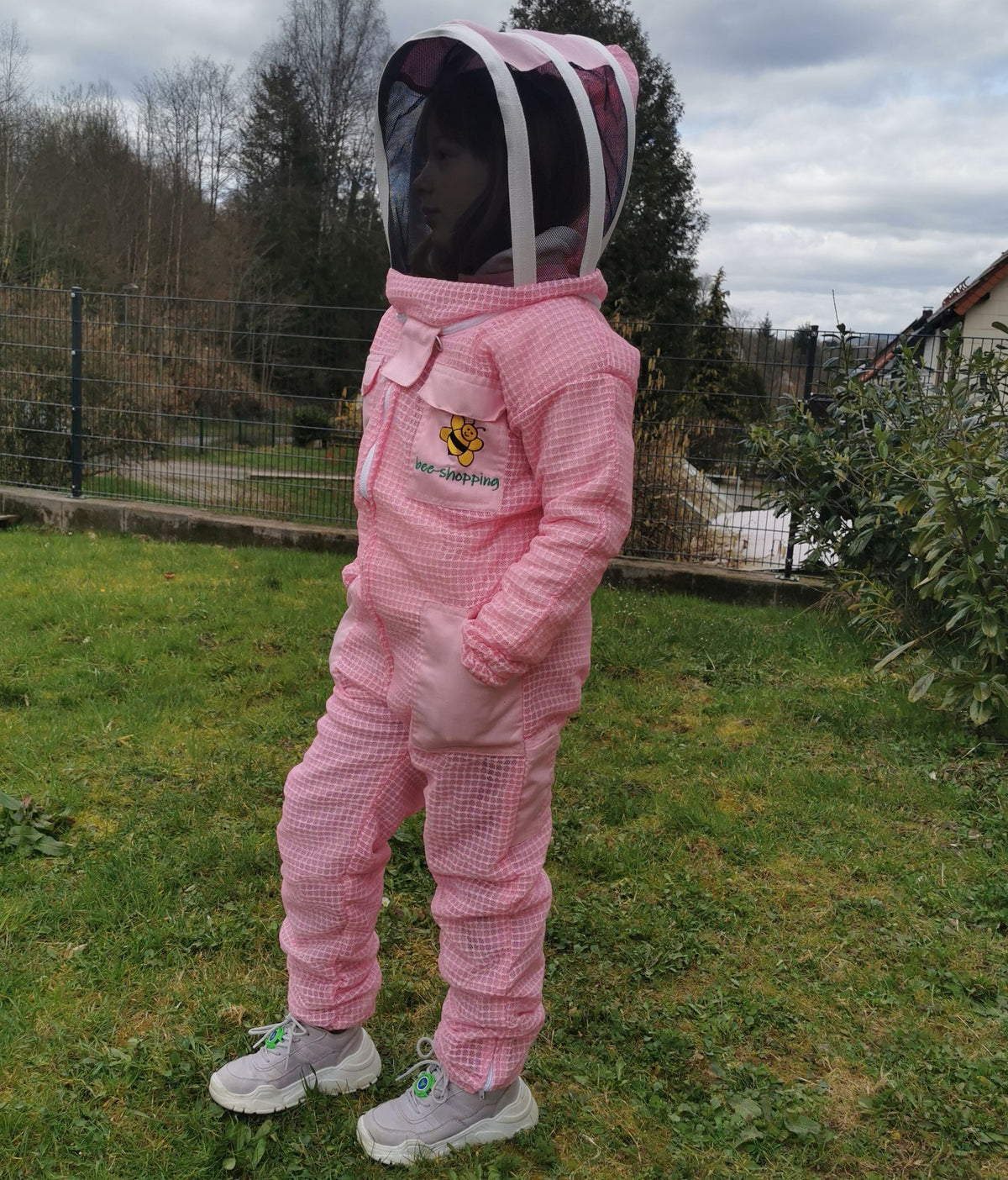 Kinder 3-lagiger Imkeranzug rosa mit Fechtschleier – atmungsaktiver Overall