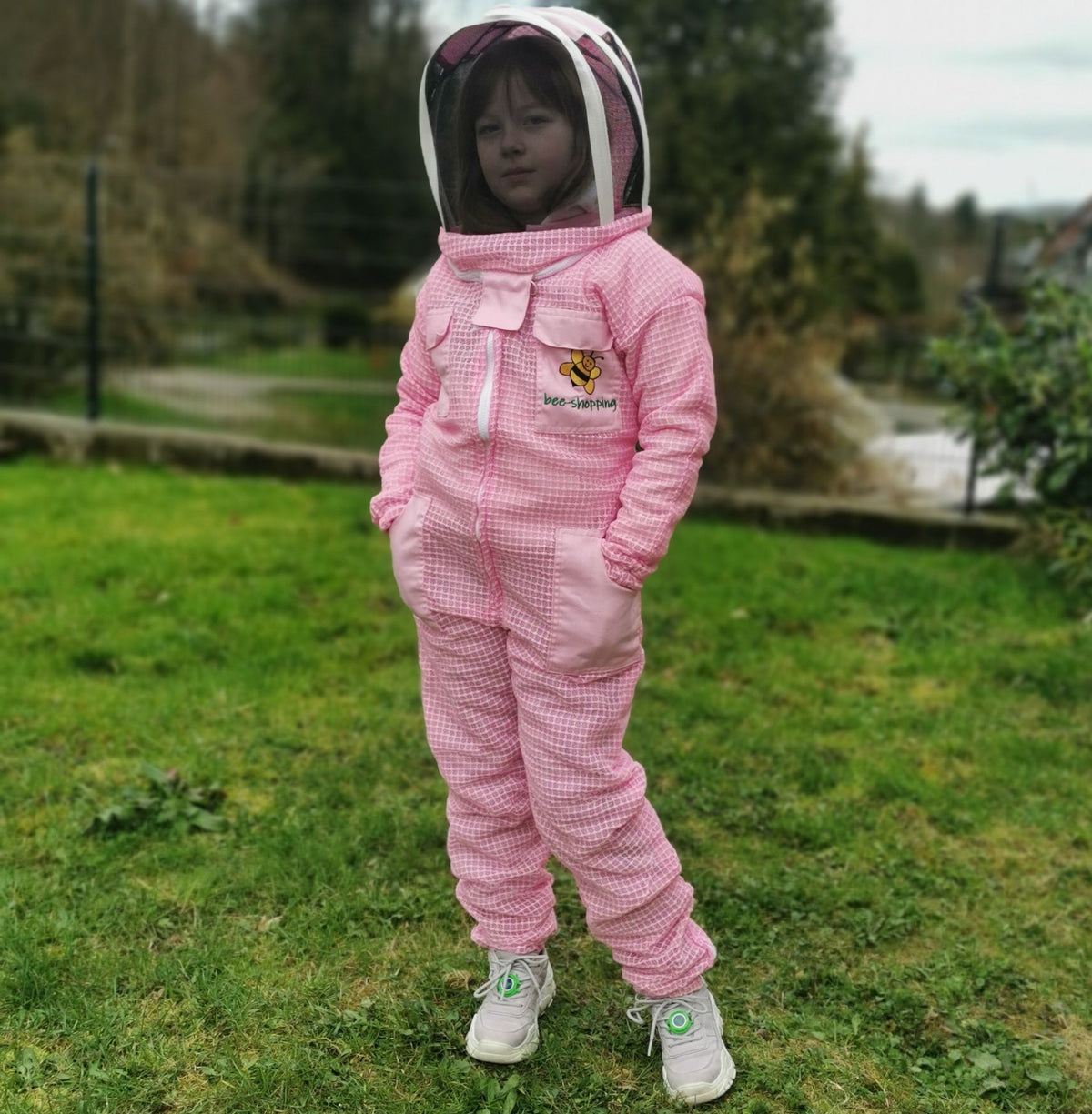Kinder 3-lagiger Imkeranzug rosa mit Fechtschleier – atmungsaktiver Overall