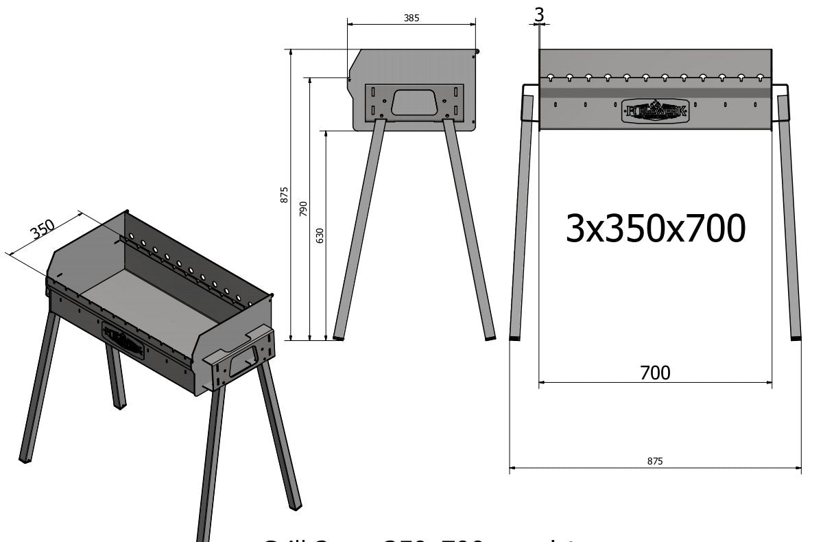FORGEWERK Mangal Grill 35 × 70 cm aus 3 mm Stahl – Holzkohlegrill für Schaschlik & Outdoor-Kochen