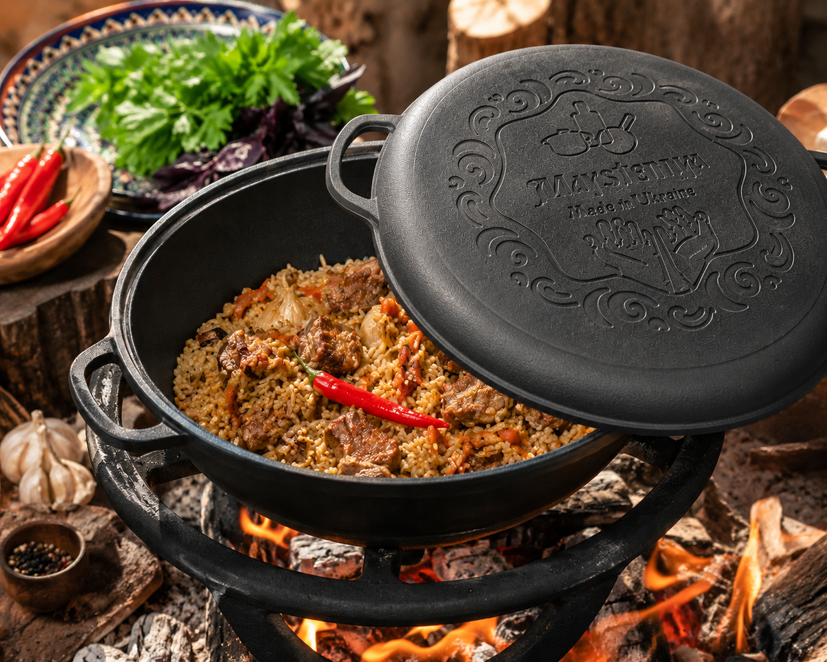 15L Kasan aus Gusseisen WOK aus Usbekistan Kessel Kazan mit Grill-Pfannendeckel