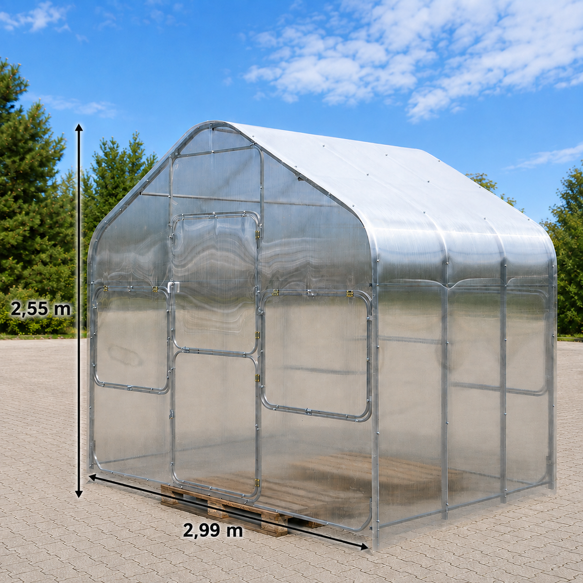 Gewächshaus GABLE 2,99 m – 4/6 mm Polycarbonat , extrahoch 2,55cm